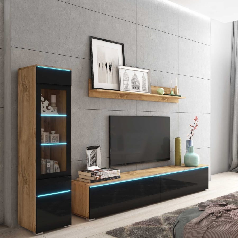 Meuble TV contemporain ch&ecirc;ne et noir laqu&eacute; avec LED