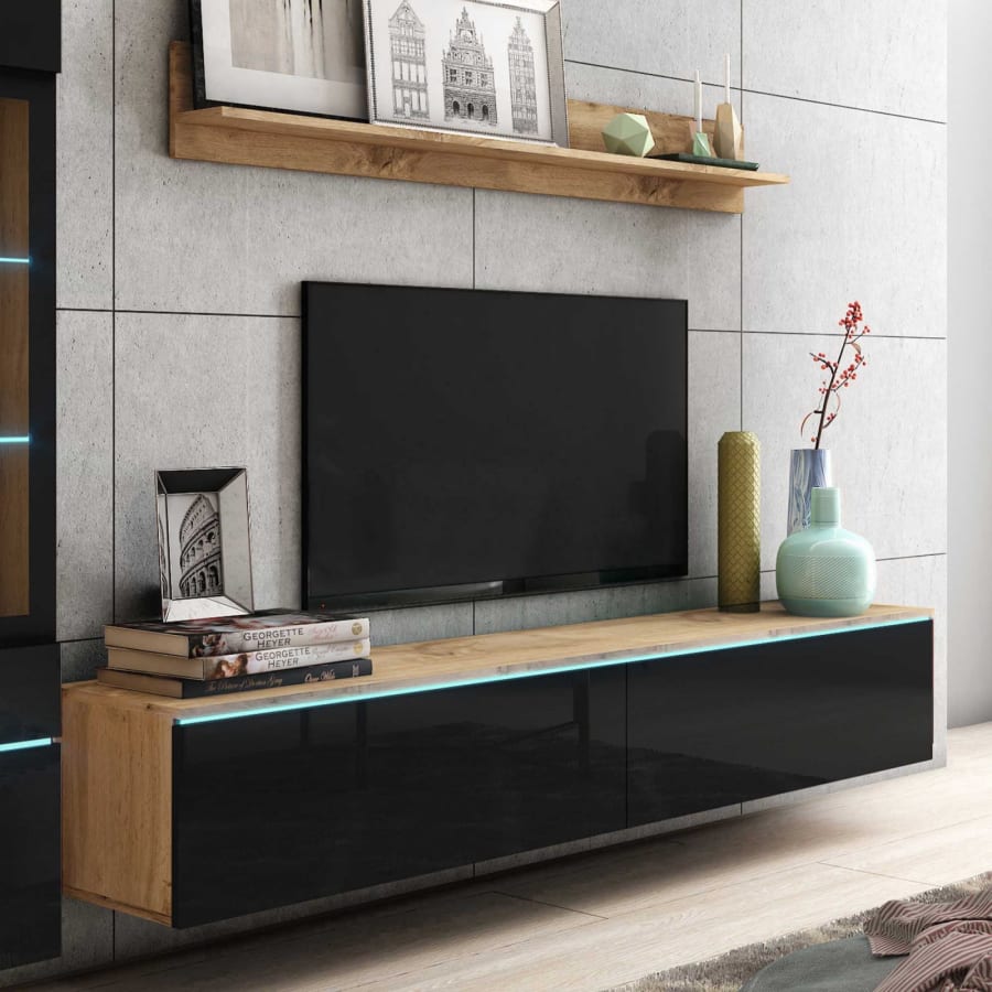 Meuble TV contemporain ch&ecirc;ne et noir laqu&eacute; avec LED