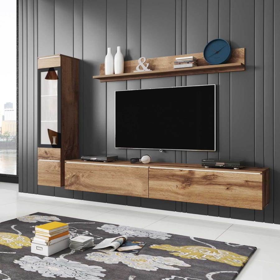 Meuble TV contemporain ch&ecirc;ne vieilli avec LED