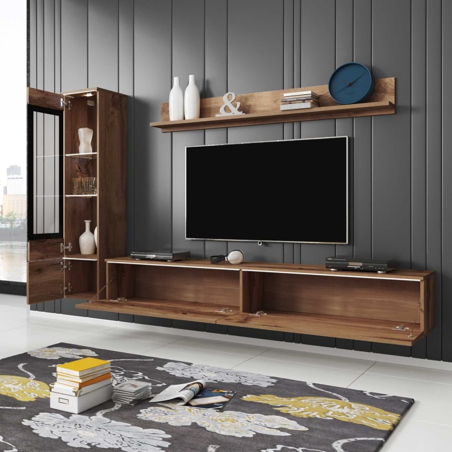 Meuble TV contemporain ch&ecirc;ne vieilli avec LED