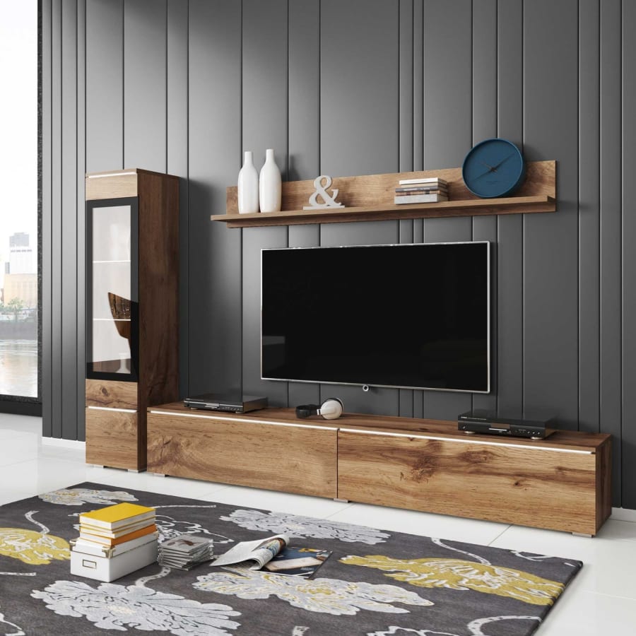 Meuble TV contemporain ch&ecirc;ne vieilli avec LED