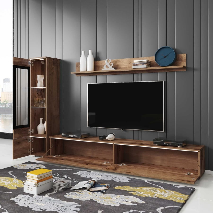 Meuble TV contemporain ch&ecirc;ne vieilli avec LED