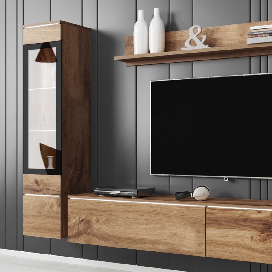 Meuble TV contemporain ch&ecirc;ne vieilli avec LED