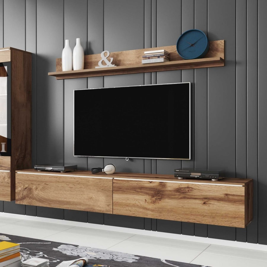 Meuble TV contemporain ch&ecirc;ne vieilli avec LED