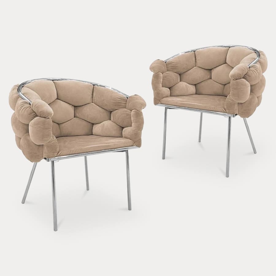 Lot de 2 chaises design en velours beige et pieds argentés