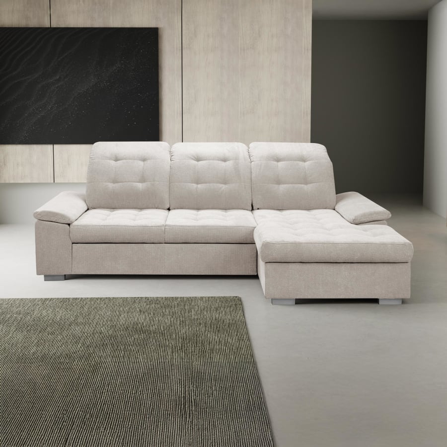 Canap&eacute; d'angle convertible avec coffre en tissu capitonn&eacute; beige - Angle droit