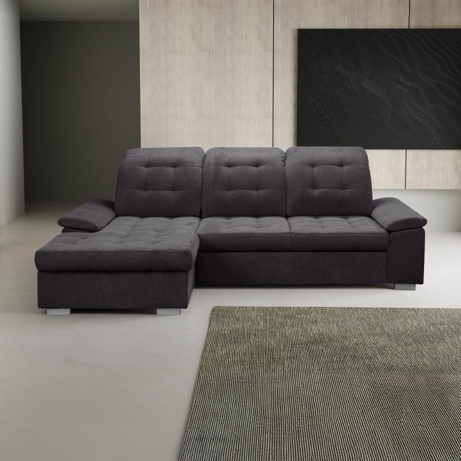 Canap&eacute; d'angle convertible avec coffre en tissu capitonn&eacute; gris anthracite - Angle gauche