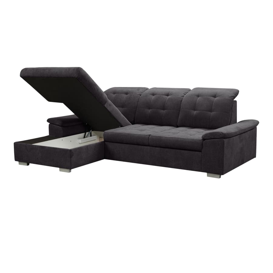 Canap&eacute; d'angle convertible avec coffre en tissu capitonn&eacute; gris anthracite - Angle gauche