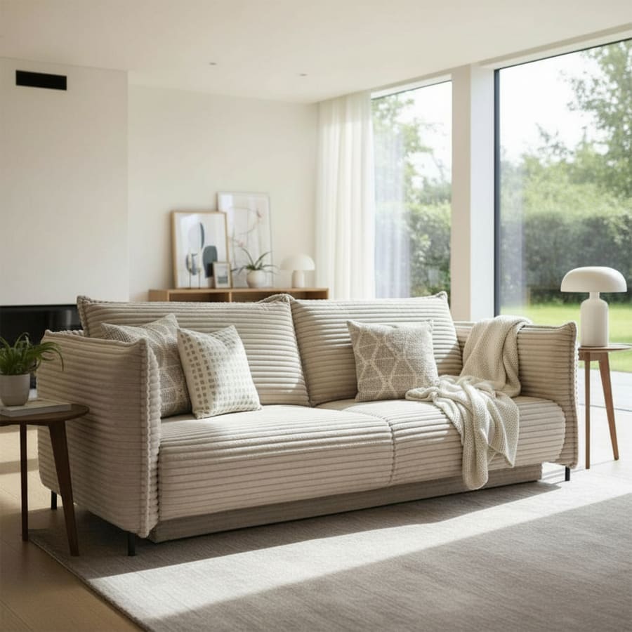 Canap&eacute; 3 places convertible avec coffre velours gros c&ocirc;tel&eacute; beige