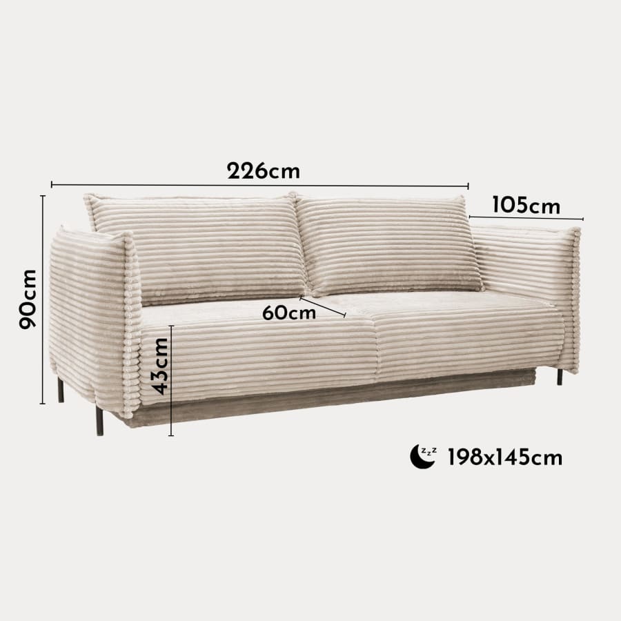 Canap&eacute; 3 places convertible avec coffre velours gros c&ocirc;tel&eacute; beige