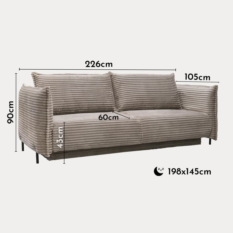 Canap&eacute; 3 places convertible avec coffre velours gros c&ocirc;tel&eacute; taupe