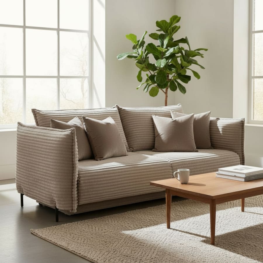 Canap&eacute; 3 places convertible avec coffre velours gros c&ocirc;tel&eacute; taupe