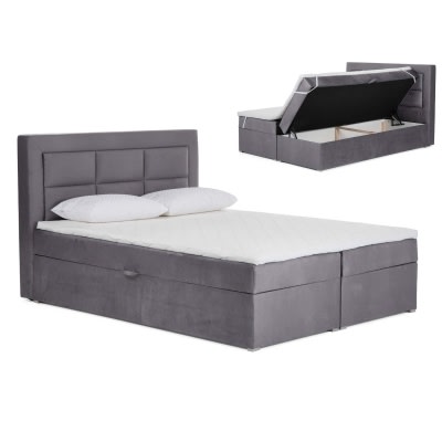 Lit boxspring 160x200 avec coffre de rangement en velours gris MONIKA