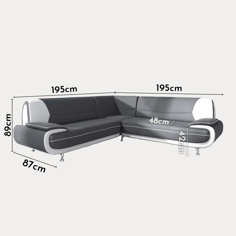 Canapé d'angle design en simili cuir gris et blanc