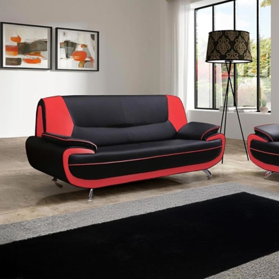 Canapé design 3 places en simili cuir noir et rouge