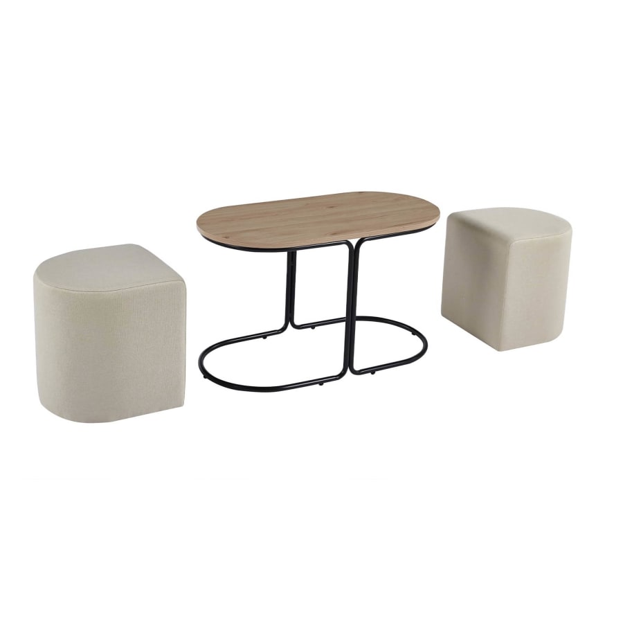 Ensemble table basse couleur bois avec 2 poufs encastrables en tissu beige