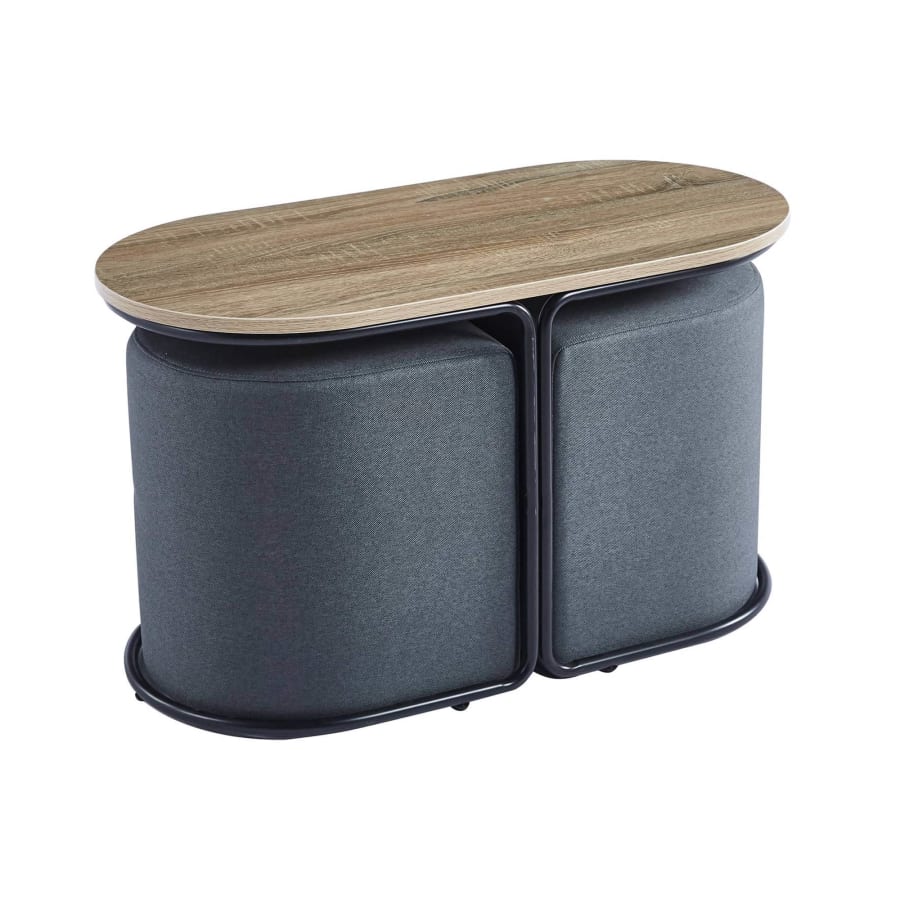 Ensemble table basse couleur bois avec 2 poufs encastrables en tissu gris fonc&eacute;