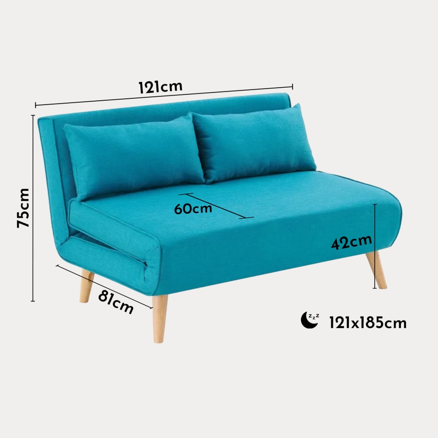 Banquette convertible  en tissu bleu turquoise 2 places