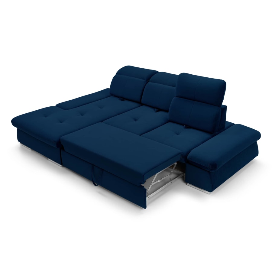 Canap&eacute; d'angle convertible avec coffre en velours bleu fonc&eacute; - Angle gauche