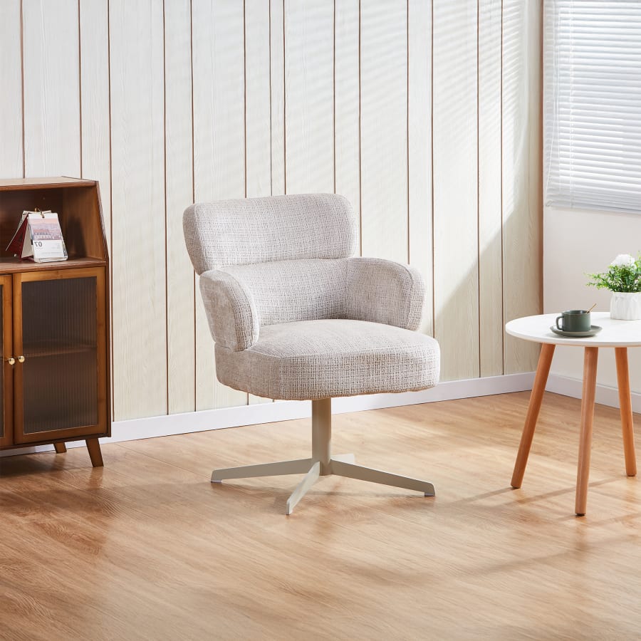 Fauteuil en tissu beige pieds en métal gris