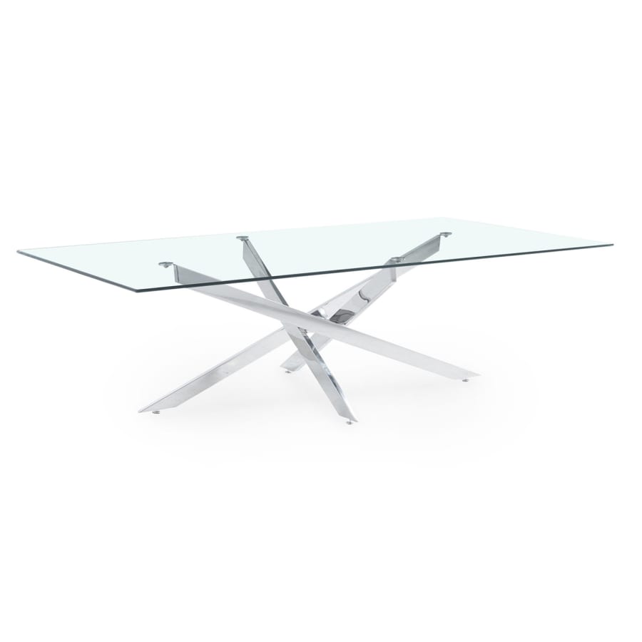 Table basse design rectangulaire en verre pieds argent&eacute;s