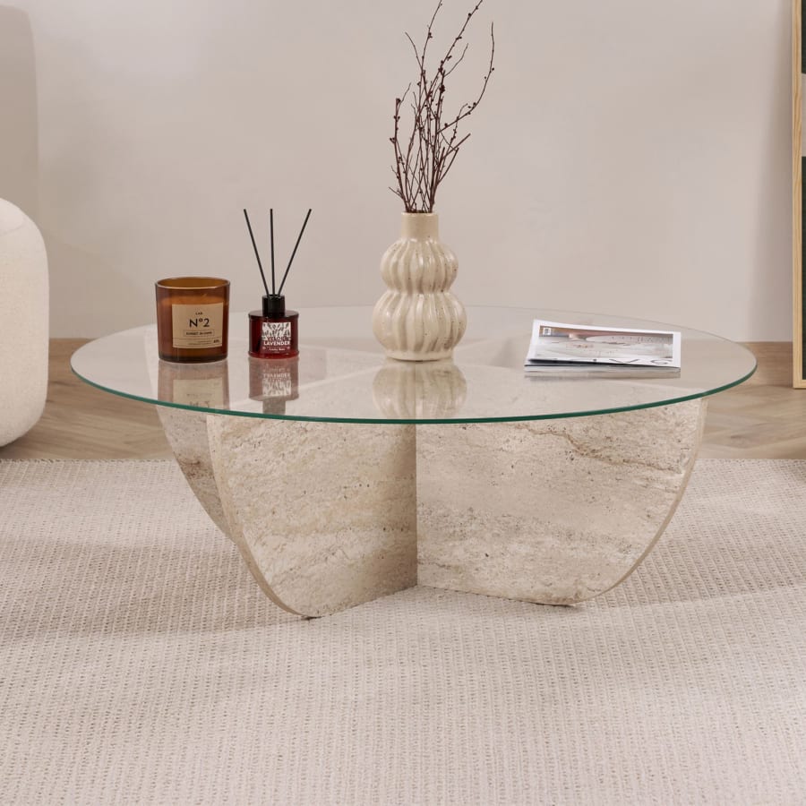 Table basse en verre pi&egrave;tement beige D90 cm