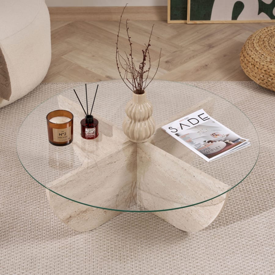 Table basse en verre pi&egrave;tement beige D90 cm