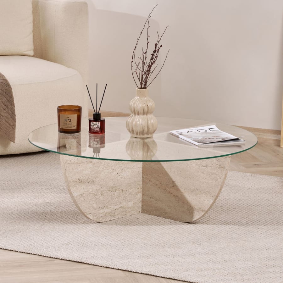 Table basse en verre pi&egrave;tement beige D90 cm