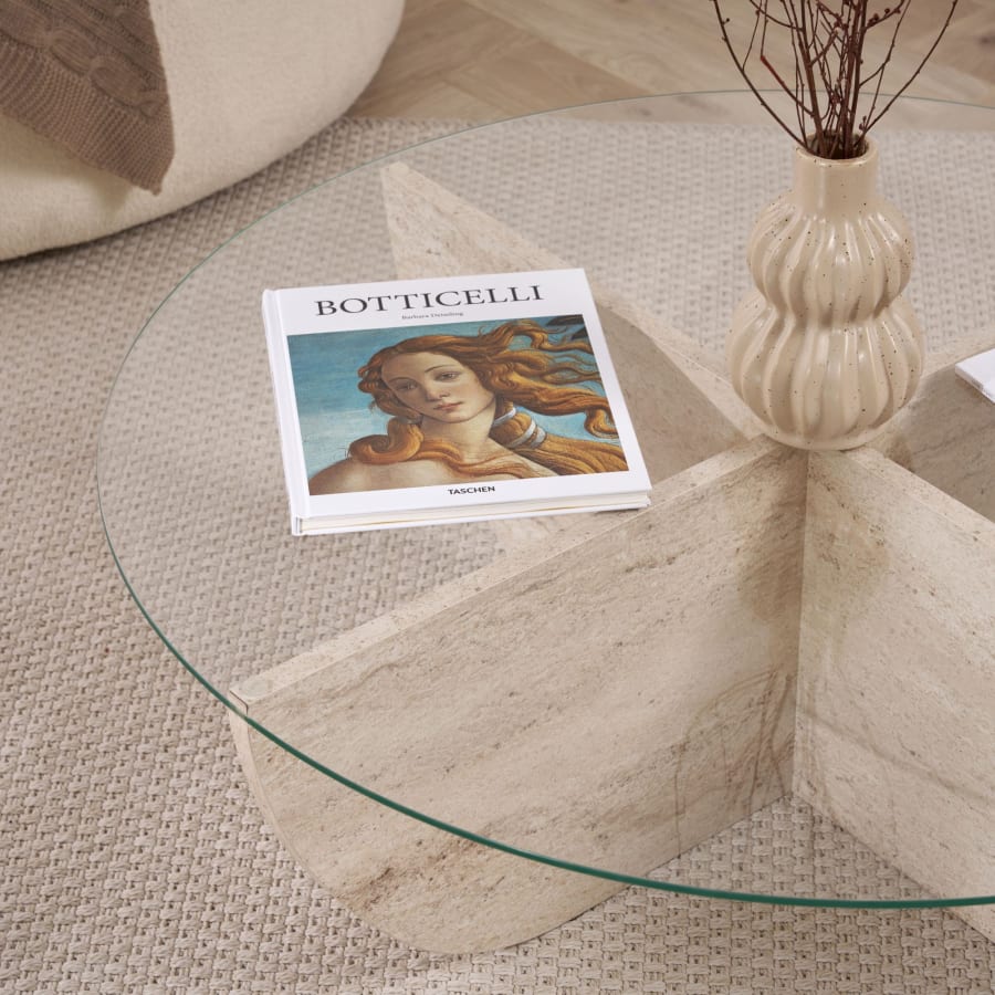 Table basse en verre pi&egrave;tement beige D90 cm