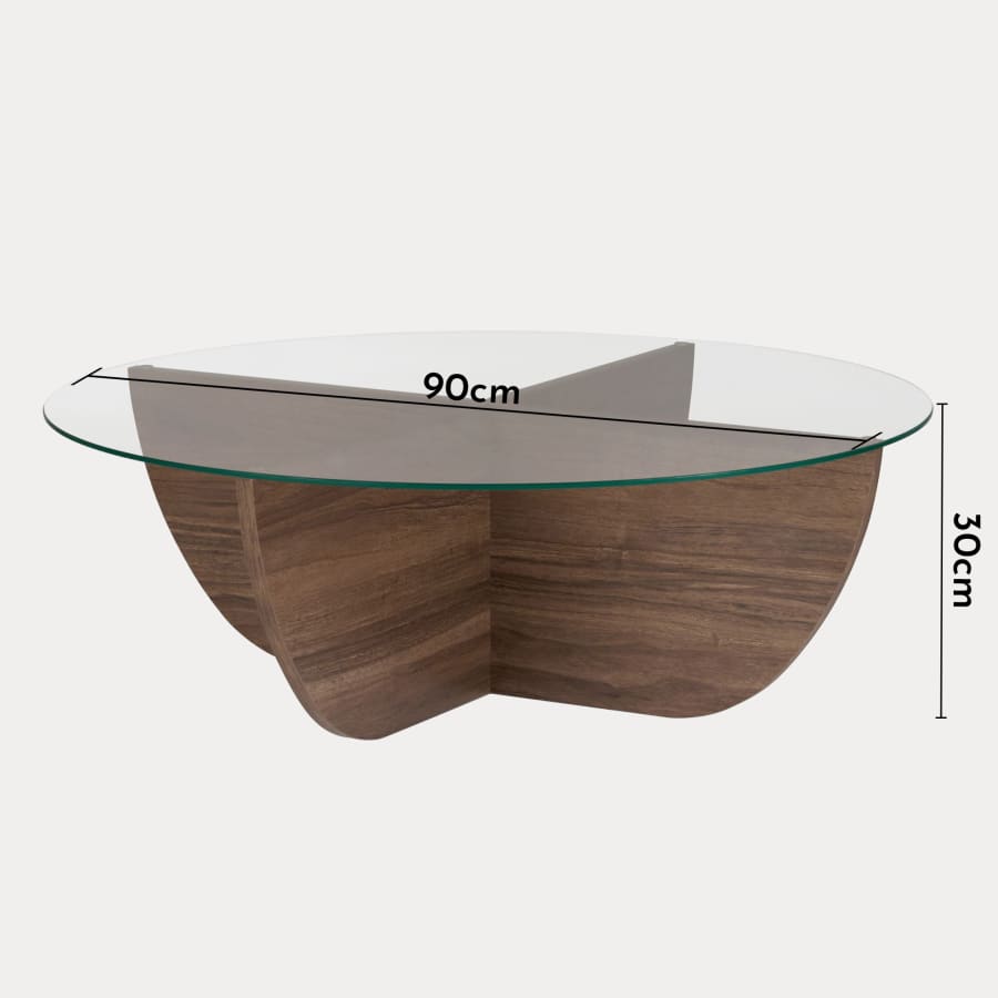 Table basse en verre pi&egrave;tement couleur bois fonc&eacute; D90 cm