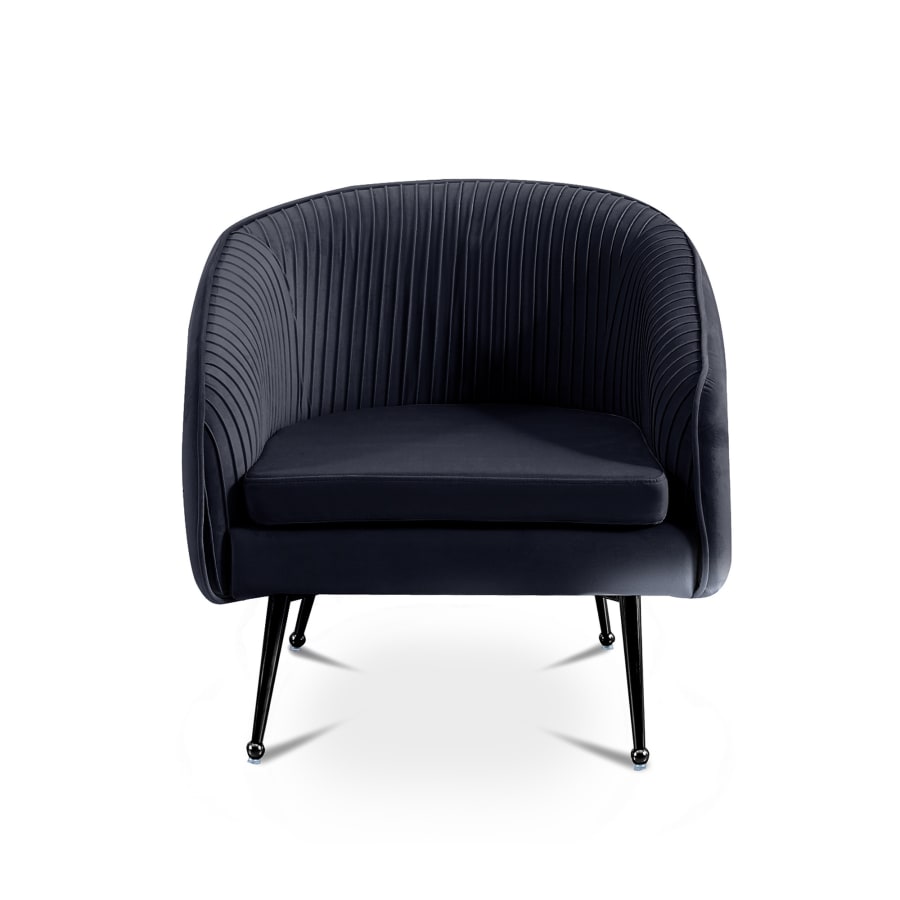 Fauteuil cabriolet en velours pliss&eacute; noir pieds en m&eacute;tal noir
