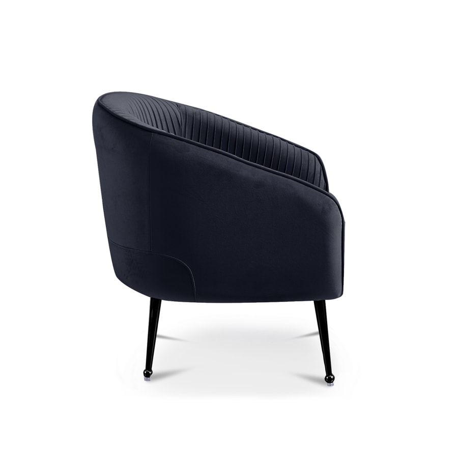 Fauteuil cabriolet en velours pliss&eacute; noir pieds en m&eacute;tal noir