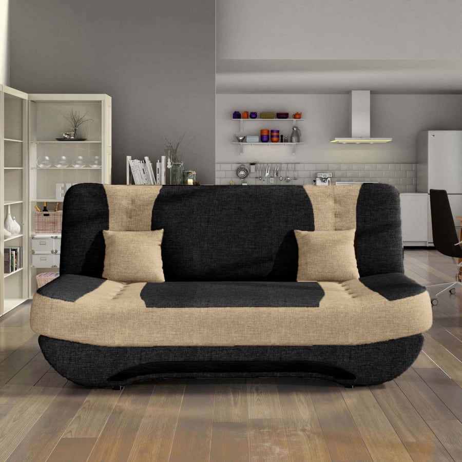 Canap&eacute; 3 places convertible en tissu noir et beige