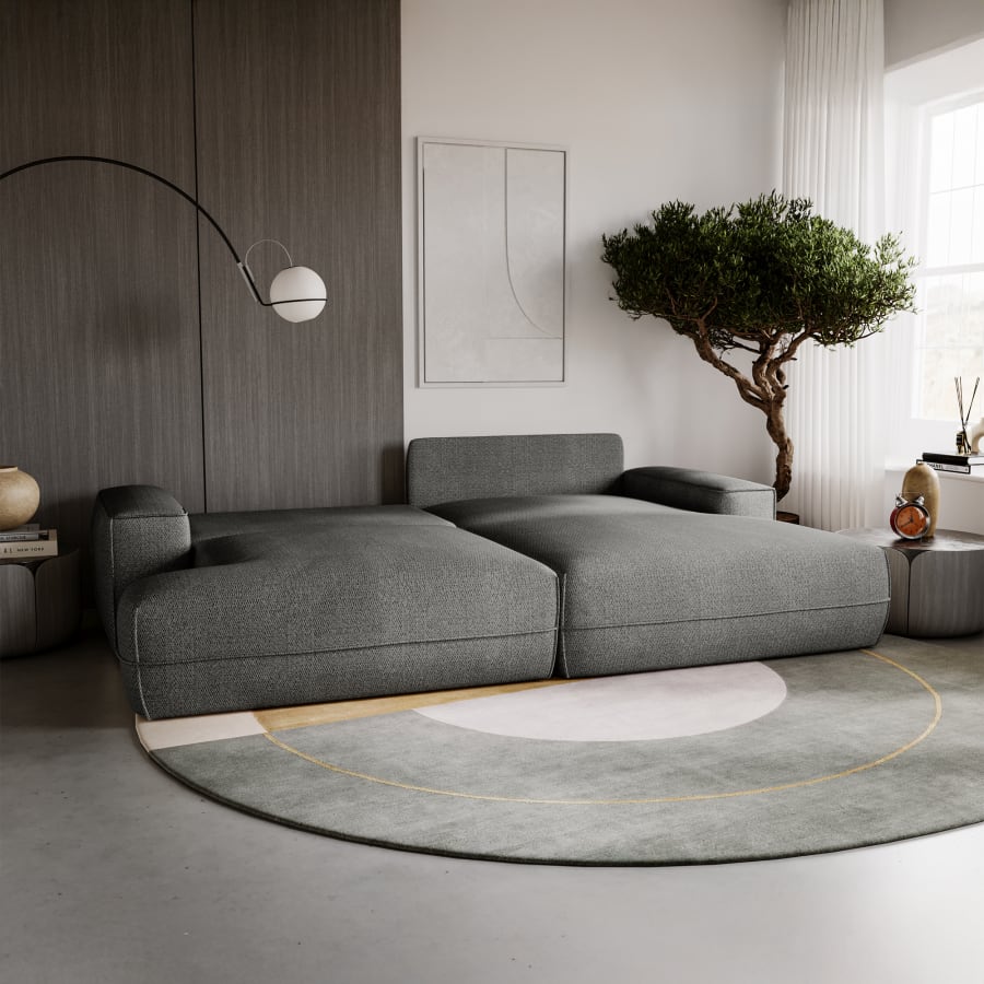 Canapé d'angle convertible avec coffre en tissu gris clair - Angle droit
