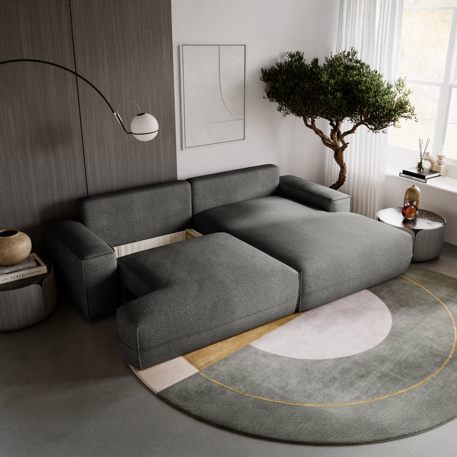 Canapé d'angle convertible avec coffre en tissu gris clair - Angle droit