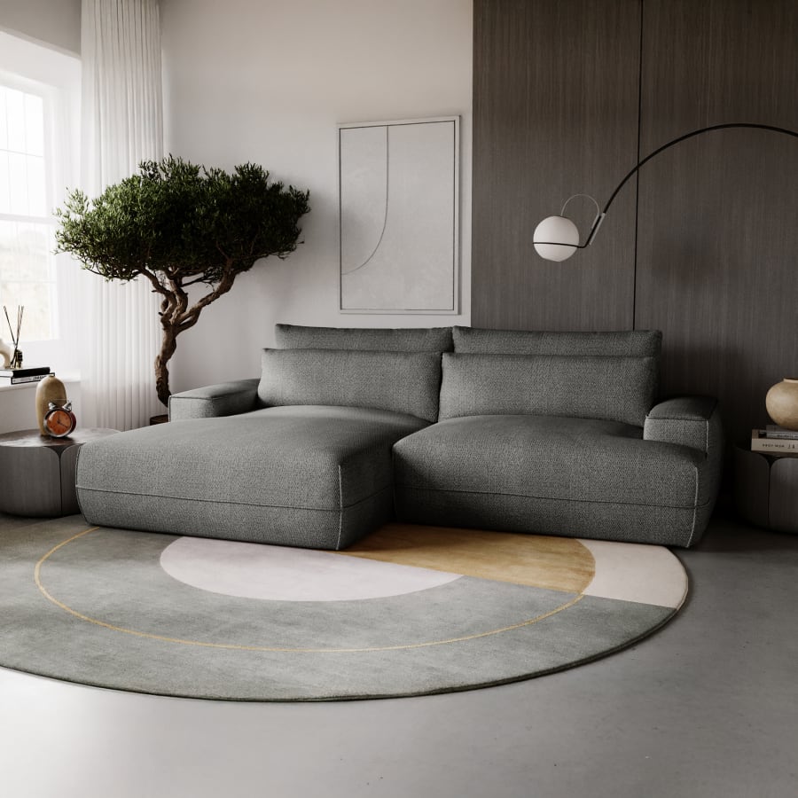 Canapé d'angle convertible avec coffre en tissu gris clair - Angle gauche