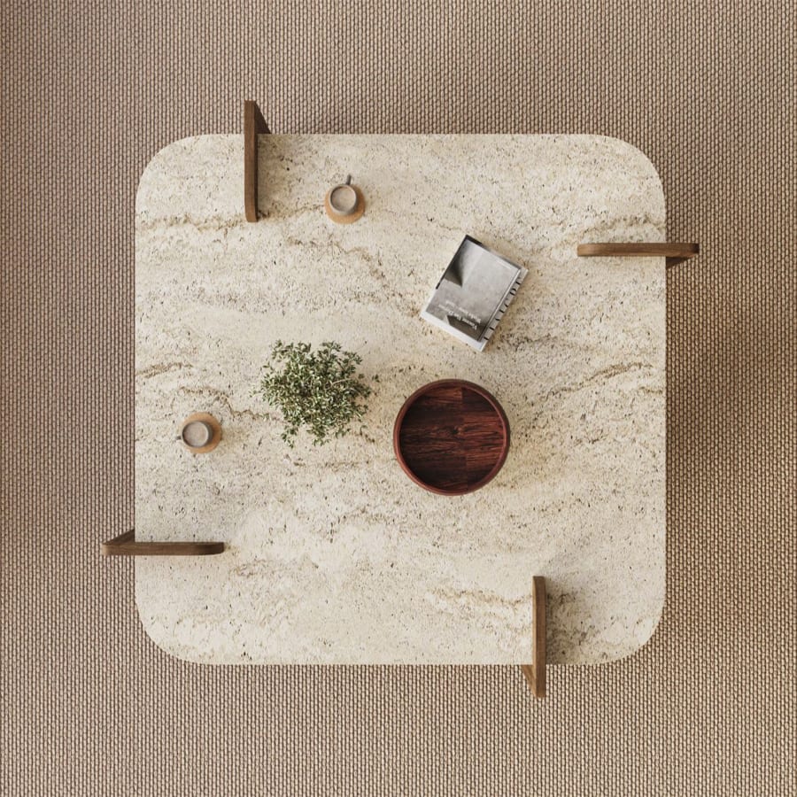 Table basse carr&eacute;e beige pi&egrave;tement couleur bois fonc&eacute; 90 cm