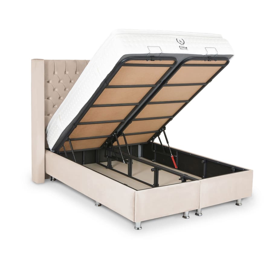 Lit coffre capitonn&eacute; velours beige 160x190 cm