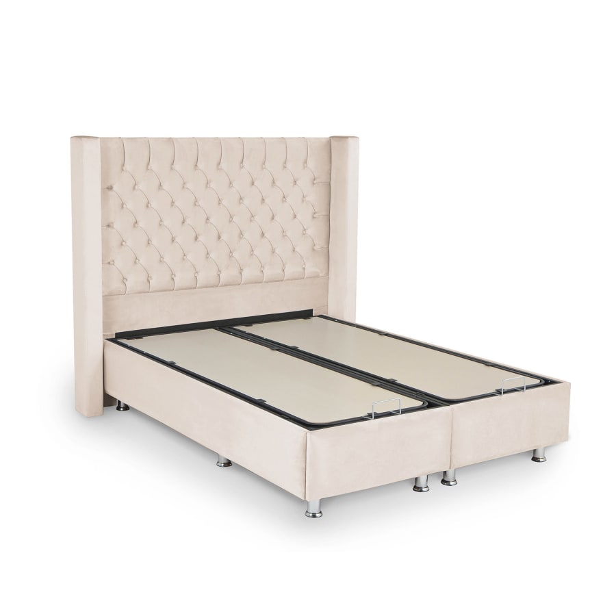 Lit coffre capitonn&eacute; velours beige 160x190 cm