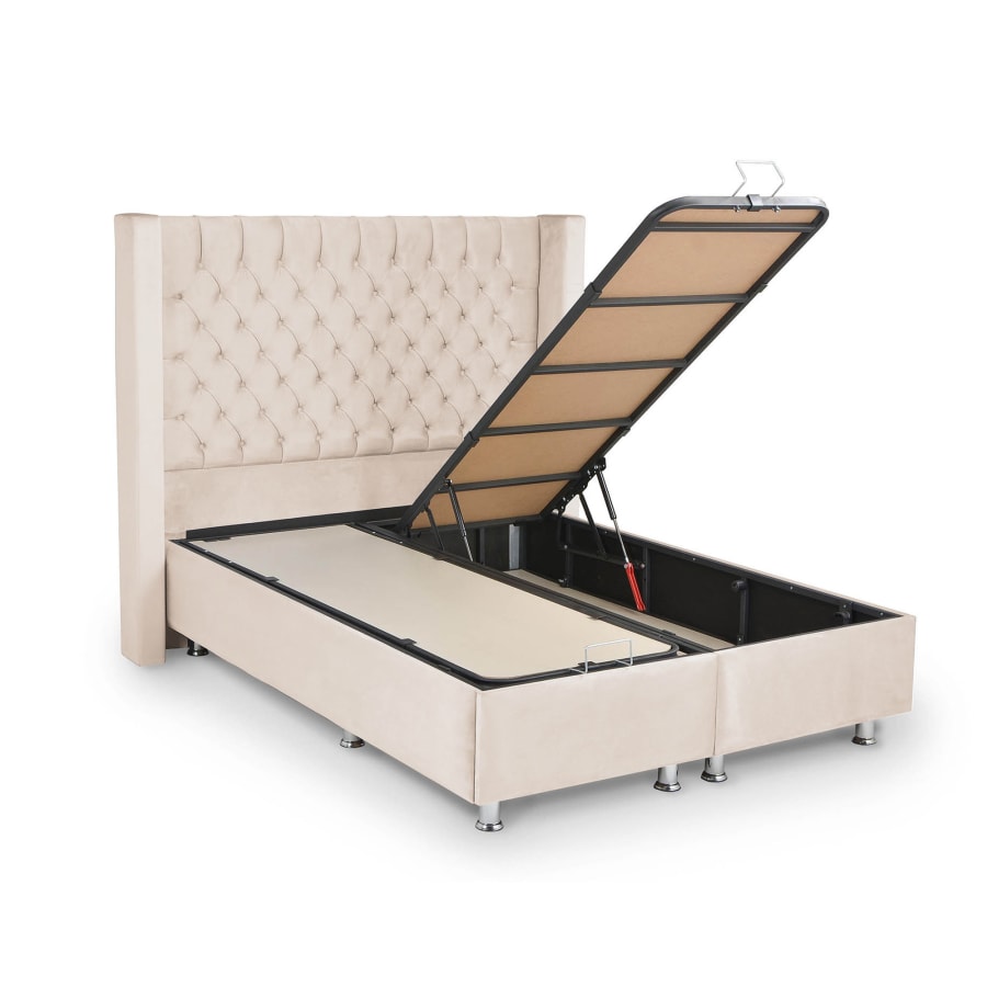 Lit coffre capitonn&eacute; velours beige 160x190 cm