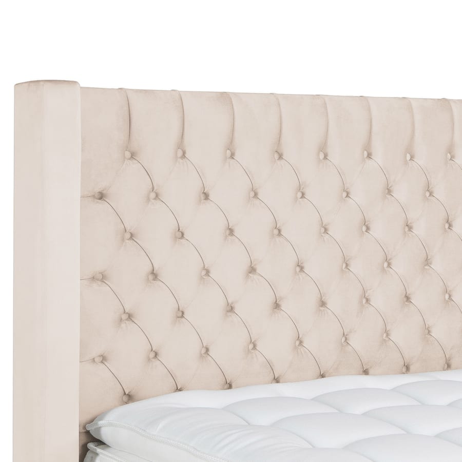 Lit coffre capitonn&eacute; velours beige 160x190 cm