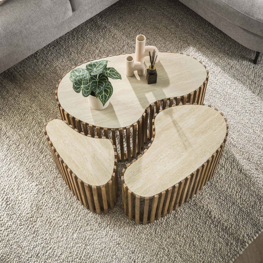 Lot de 3 tables en c&eacute;ramique beige et bois de manguier massif