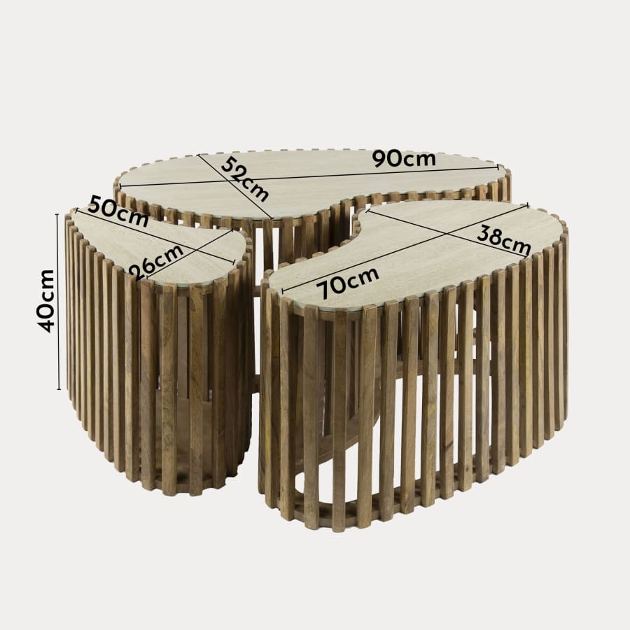 Lot de 3 tables en c&eacute;ramique beige et bois de manguier massif