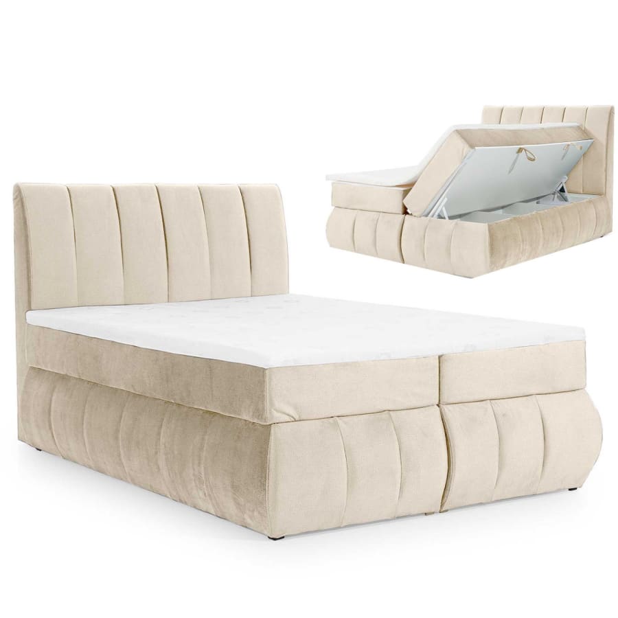 Lit boxspring 180x200 avec coffre de rangement en velours beige OXANA