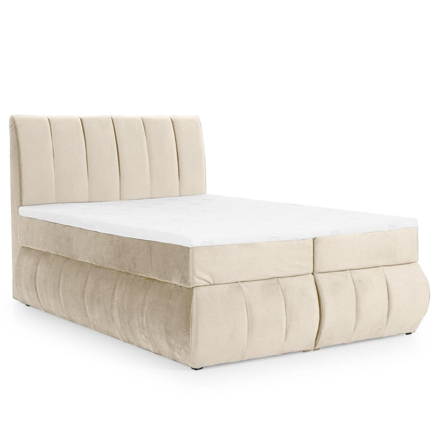 Lit boxspring 180x200 avec coffre de rangement en velours beige OXANA