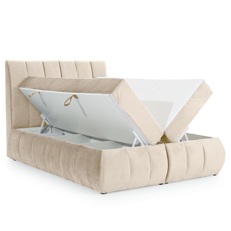 Lit boxspring 180x200 avec coffre de rangement en velours beige OXANA