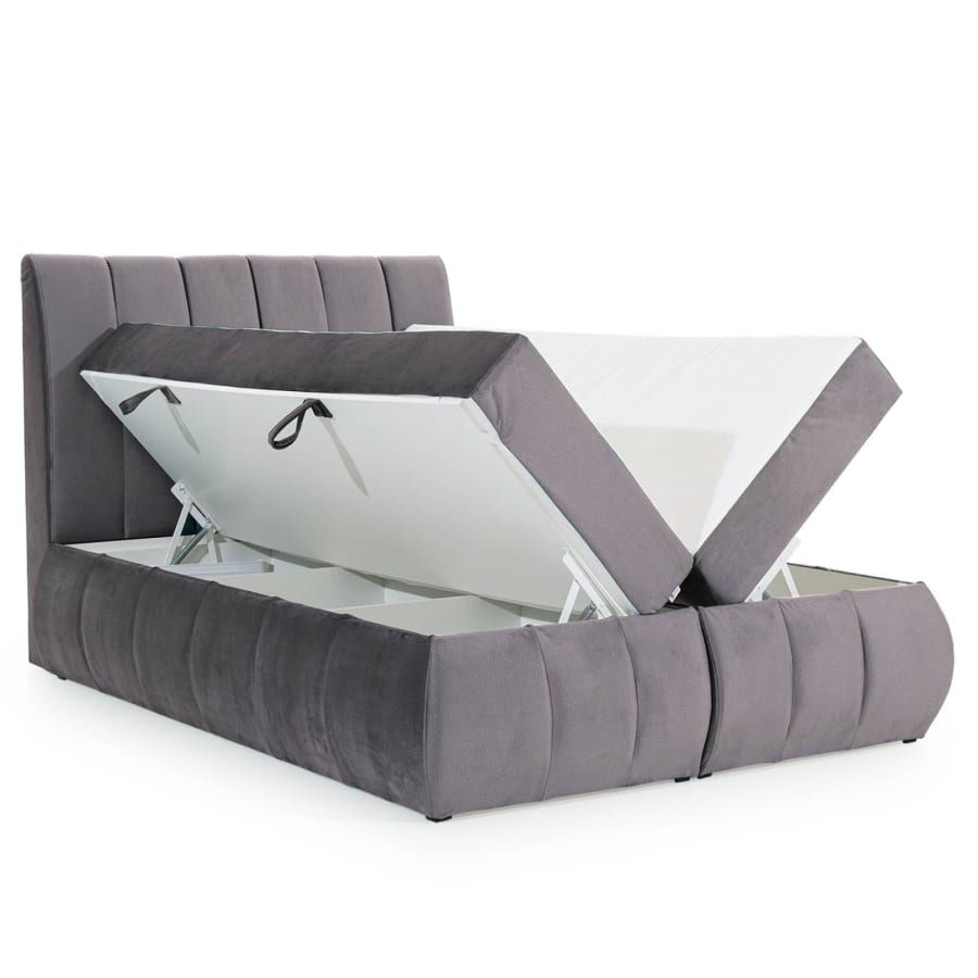 Lit boxspring 180x200 avec coffre de rangement en velours gris OXANA