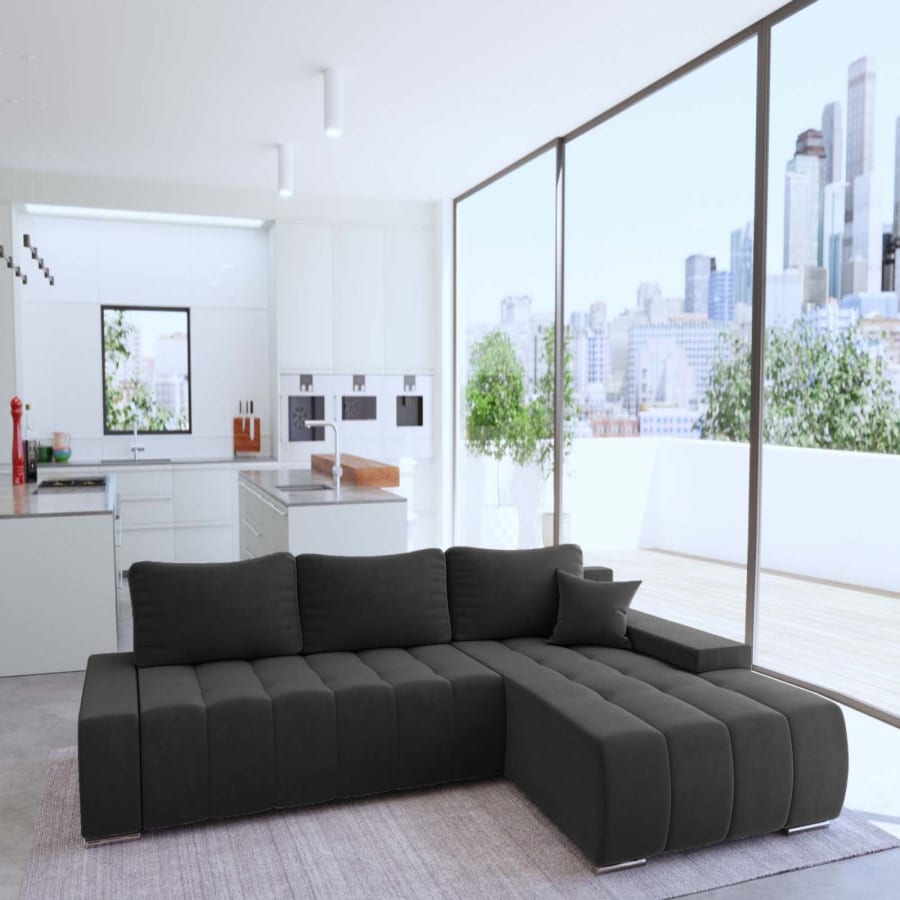 Canap&eacute; d'angle convertible en velours gris anthracite - Angle droit