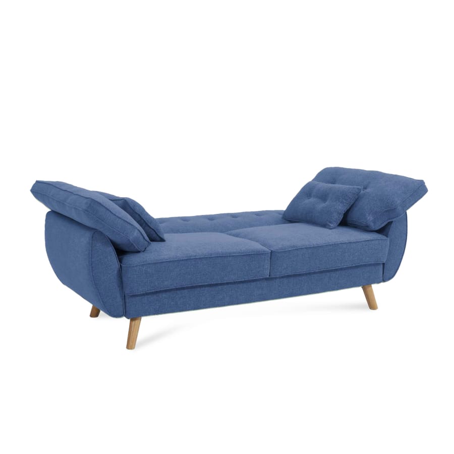 Canap&eacute; clic clac en tissu bleu pi&egrave;tement en bois