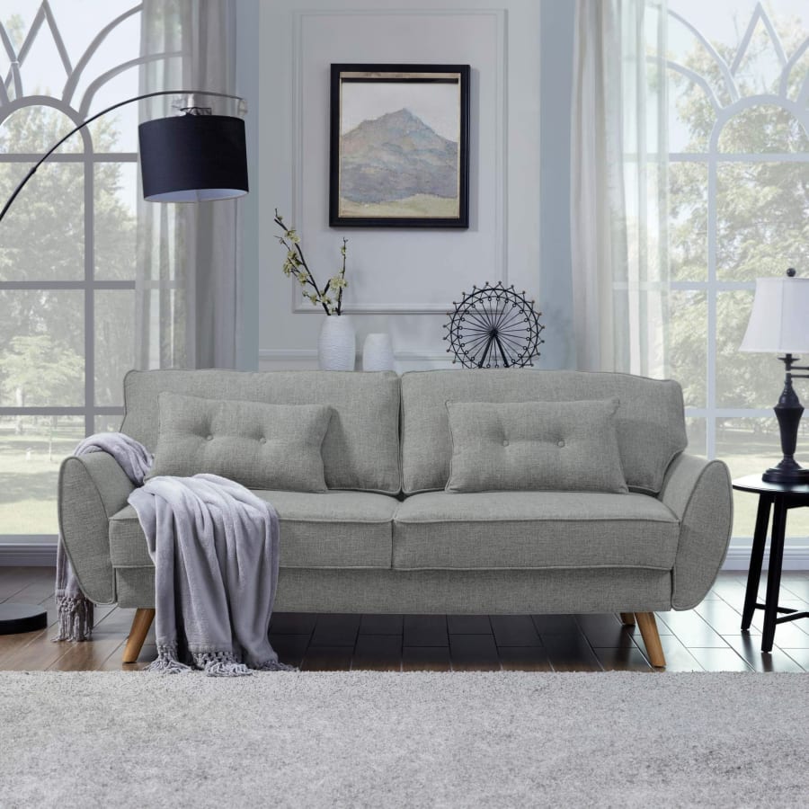 Canap&eacute; clic clac en tissu gris clair pi&egrave;tement en bois